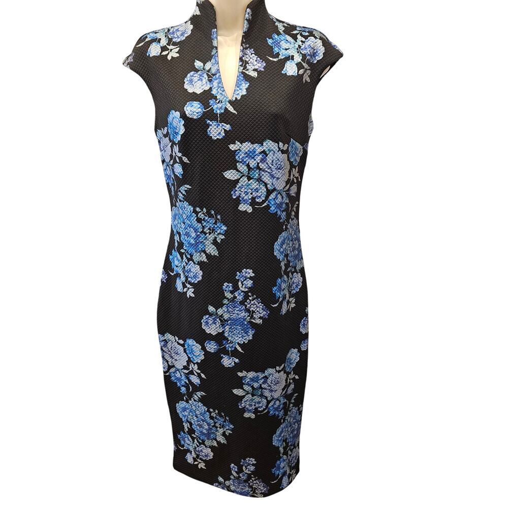 NWT NY&C XS foil navy floral split neck figure fitting gown dress lined chic - Picture 2 of 10